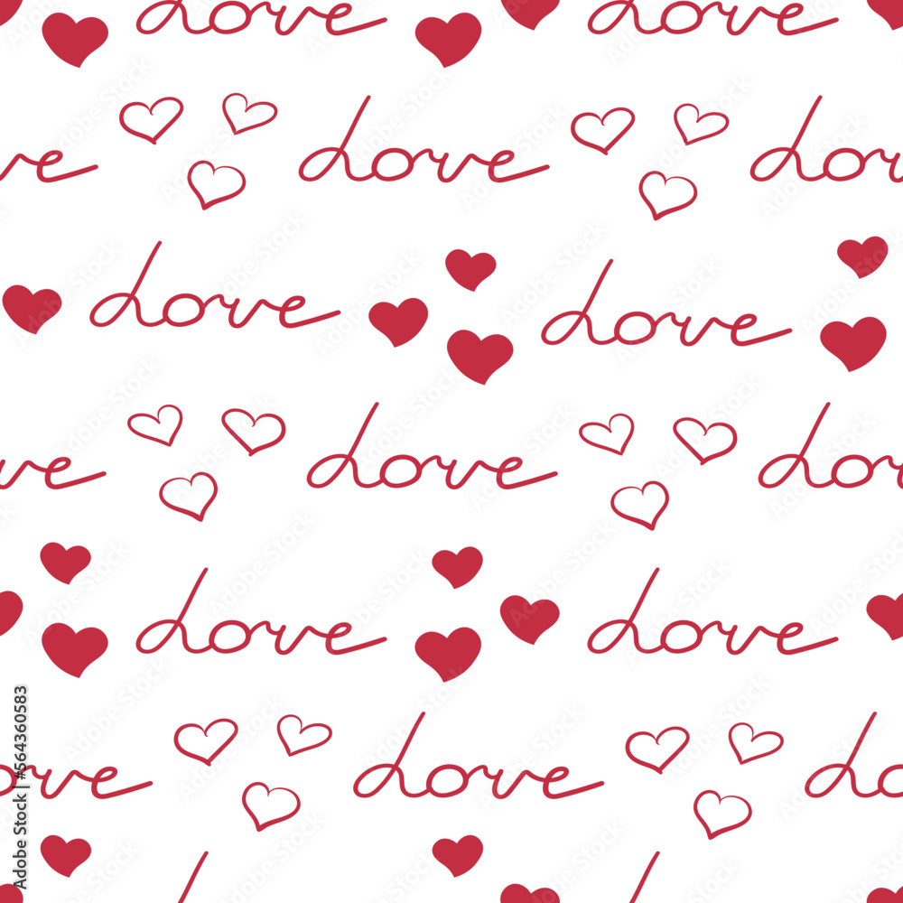 Seamless pattern with hearts and text Love. Valentine's Day pattern. Vector image in flat style.