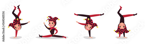 Little Boy in Harlequin or Clown Hat with Jingle Bells Jumping and Somersaulting Vector Set