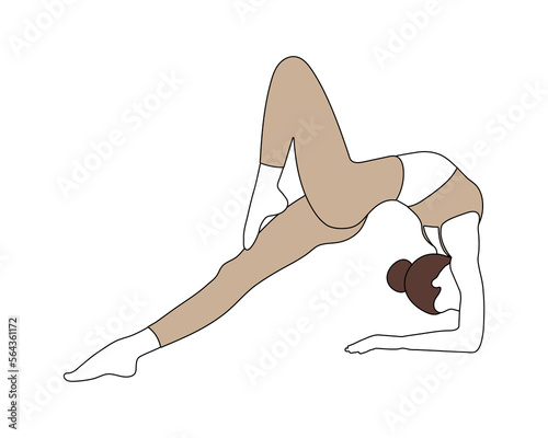 Girl doing yoga pilates gymnastics sport in brown light sportform on white background in line style	 photo