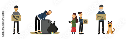 Homeless People Characters in Rags Begging for Help Vector Set