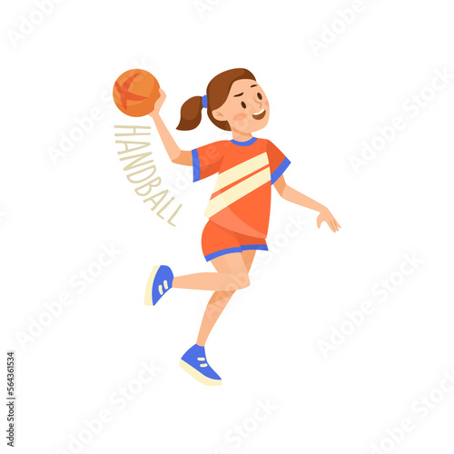Girl playing handball isolated on white background. Children and sport vector illustration. Activity concept