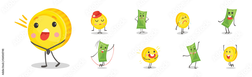 Cute Funny Banknotes and Coins Humanized Characters Showing Various ...