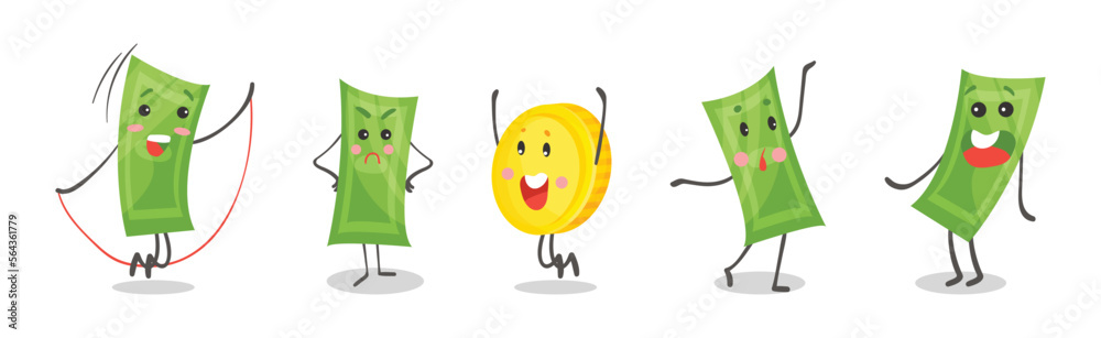 Cute Funny Banknotes and Coins Humanized Characters Showing Various Emotions Vector Set Cute Funny Banknotes and Coins Humanized Characters Showing Various Emotions Vector Set