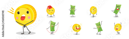 Cute Funny Banknotes and Coins Humanized Characters Showing Various Emotions Vector Set