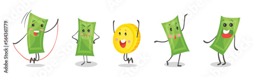 Cute Funny Banknotes and Coins Humanized Characters Showing Various Emotions Vector Set