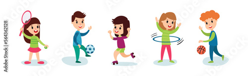 Little Boy and Girl Doing Sport Playing Tennis, Football and Roller Skating Vector Set