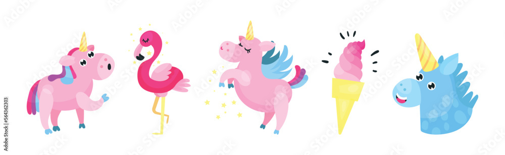Fairy Unicorn with Rainbow Tail and Twisted Horn Vector Set Fairy Unicorn with Rainbow Tail and Twisted Horn Vector Set