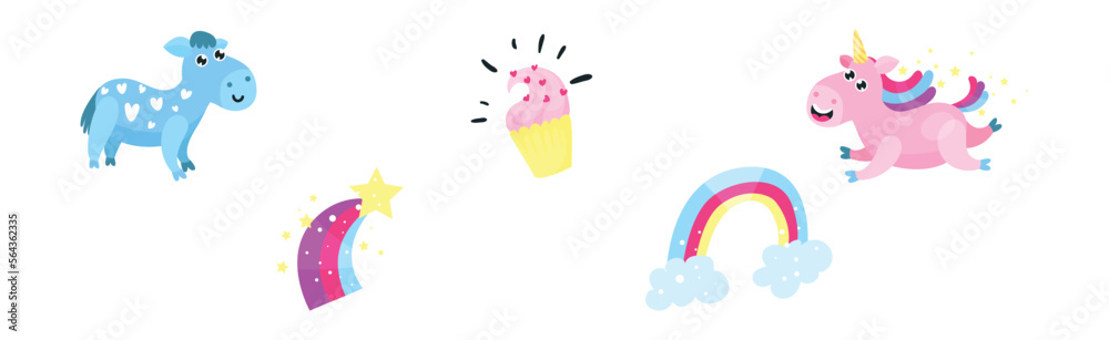 Fairy Unicorn with Rainbow Tail and Twisted Horn Vector Set