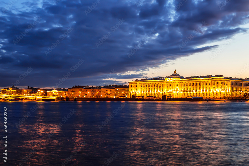 Russia. Night view of St. Petersburg. The University embankment of the Neva river. Academy of Arts building