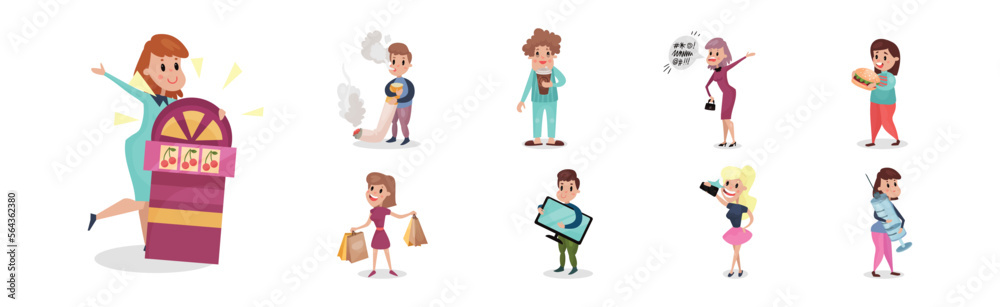 People Characters Having Bad Habits and Harmful Addiction Vector Set People Characters Having Bad Habits and Harmful Addiction Vector Set