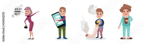 People Characters Having Bad Habits and Harmful Addiction Vector Set