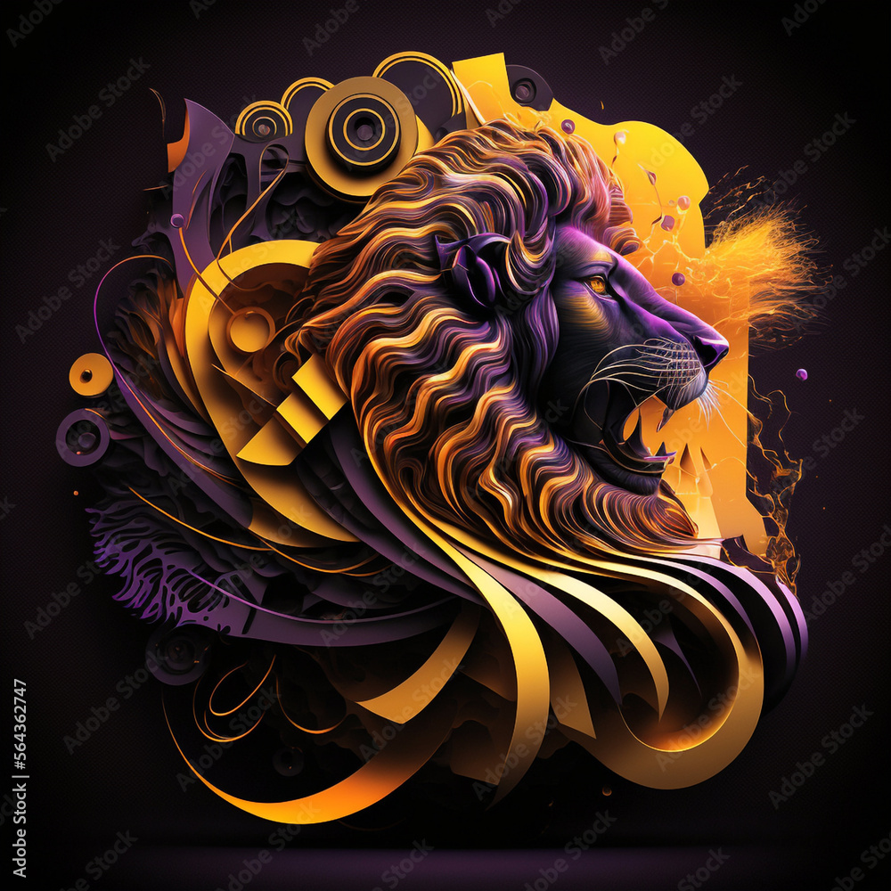 Lion Head With Sound Waves Logo Yellow Purple Black Abstract Pattern AI Generative  