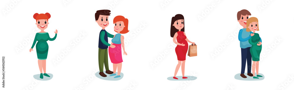 Young Pregnant Woman Doing Different Activity Vector Illustration Set