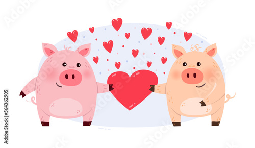 Cute pig couple with hearts for Valentine’s Day. Concept of cartoon style animal characters in love. Drawing for invitation, cards, poster. Vector illustration © Karolina Madej