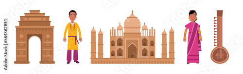 Indian Traditional Symbols with Musical Instrument, Clothing and Taj Mahal Building Vector Set