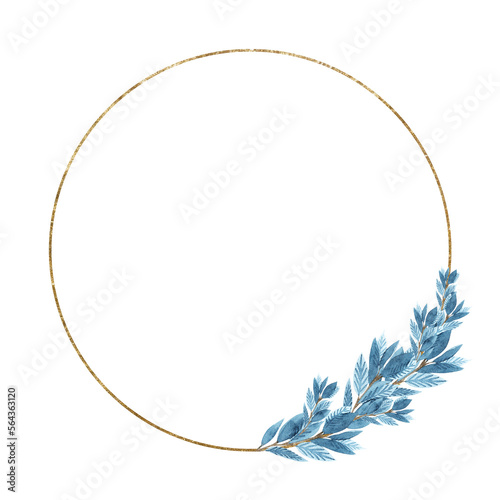 watercolor painting golden circle floral frame with blue blue leaves branches
