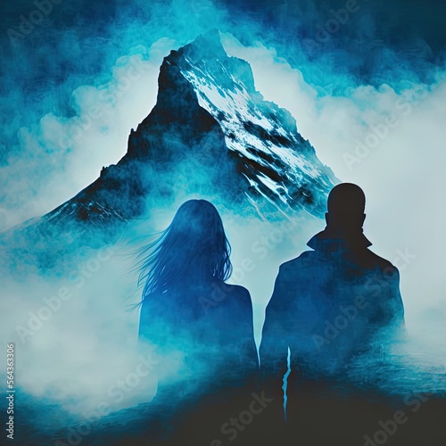  A silhouette romantic couple hugging, holding hands, and kissing with a blue mountain landscape romantic valentines love scene in generative ai