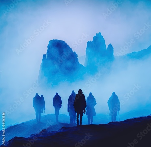 A silhouette of group hikers doing hiking, in a blue mountain calm water painting by generative ai 