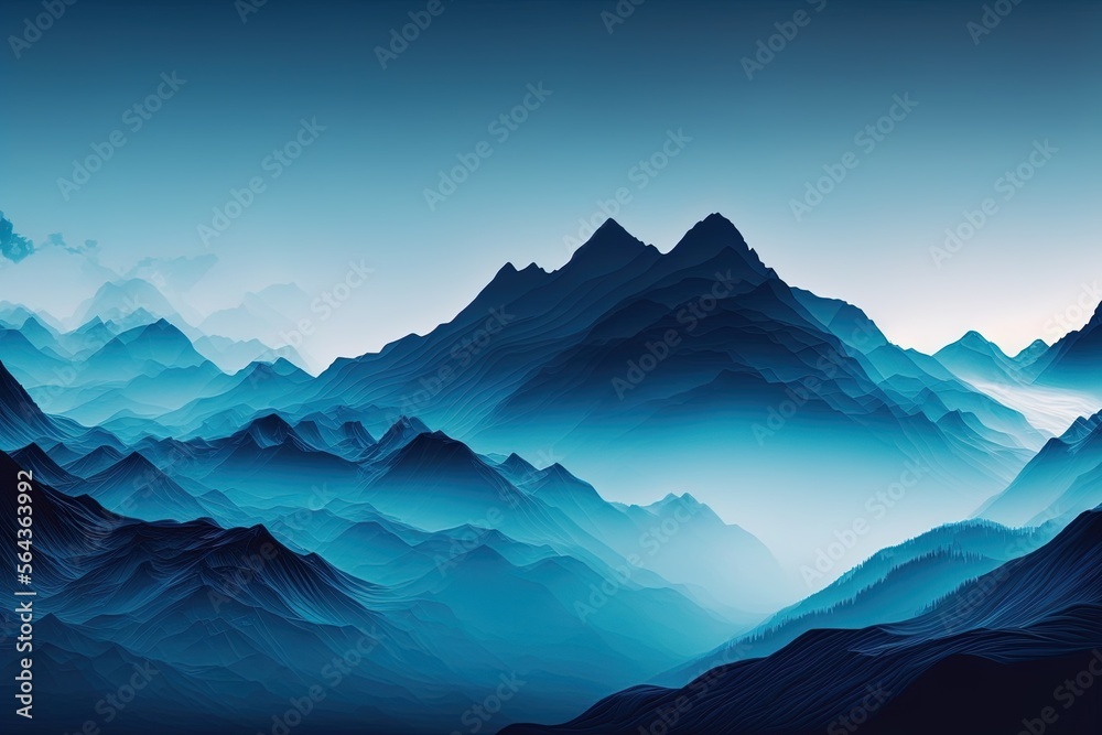 A blue mountain painting, a beautiful landscape hand painting in generative ai image design