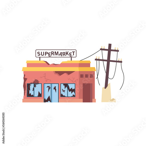 Ruined or abandoned supermarket after war or natural disaster. Destroyed city building cartoon illustration. Damage, destruction, earthquake concept