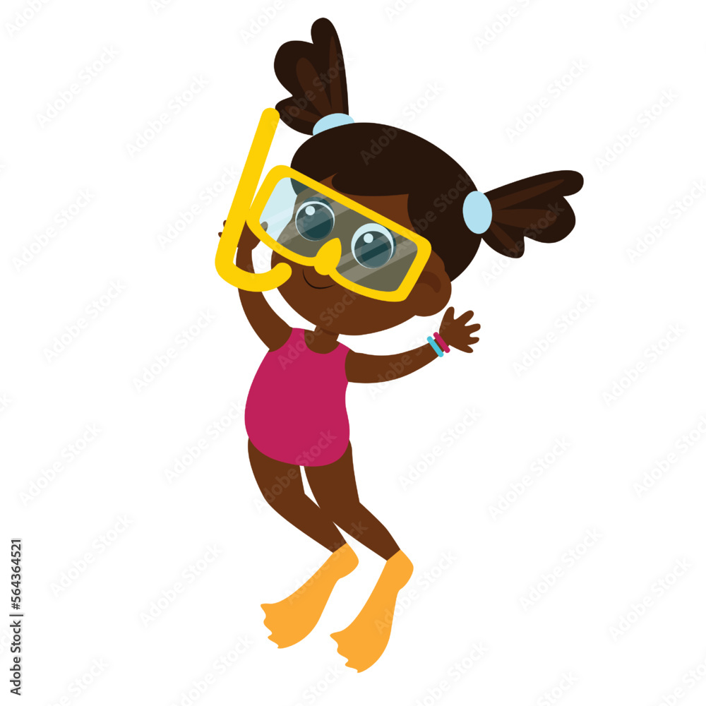Fototapeta premium Cute girl in a swimsuit and snorkeling equipment. Children's activity underwater. Child illustration in cartoon style isolated on white background.