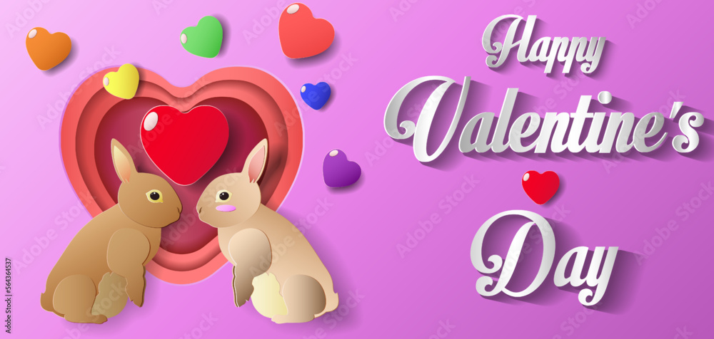 Happy Valentine's Day in the year of the Rabbit. Paper cutting technique concept. It is multicolored hearts and rabbits. on a pink background.Happy Valentine's day sale header or template with hearts.