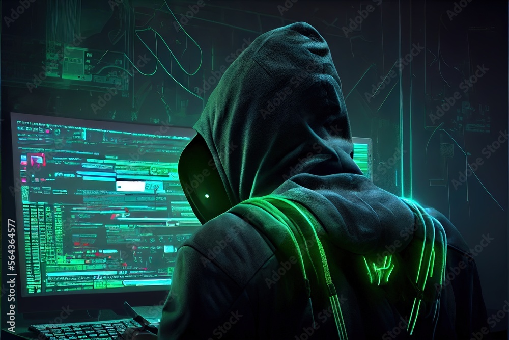 Hacker in hoodie in dark room at work. Not an actual real person. Digitally generated AI image Hacker in hoodie in dark room at work. Not an actual real person. Digitally generated AI image