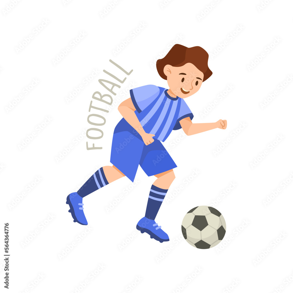 Boy playing football isolated on white background. Children and sport vector illustration. Activity concept