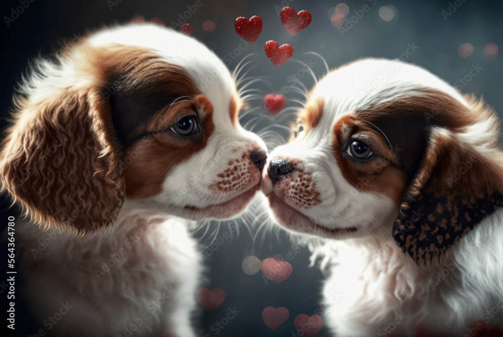 Love is in the air as these two cute puppies kiss and nuzzle to show their endearment with red hearts floating in the background