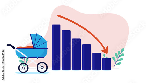 Low birth rate  - Baby stroller in and declining chart and graph with red arrow pointing down. Metaphor for low fertility statistic problem. Flat design vector illustration with white background