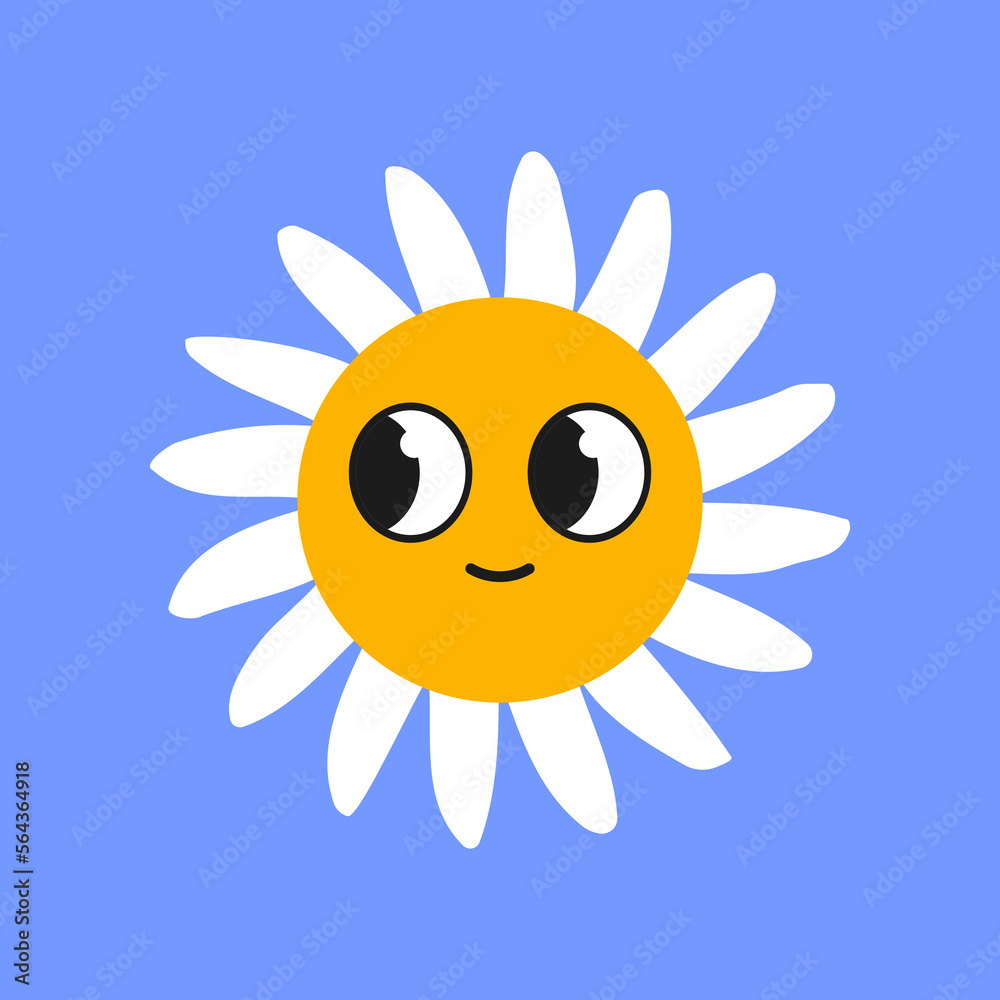 Happy white chamomile character with big eyes looking away on blue background. Daisy with cute face cartoon illustration. Flowers, greeting concept
