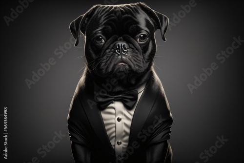 Portrait of a pug in elegant black suit isolated on black background, generative ai