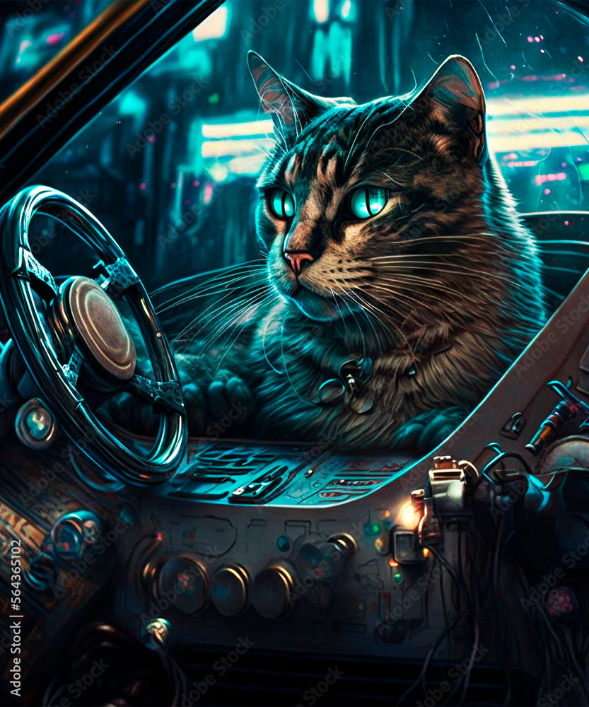 Fototapeta premium cat inside a cyberpunk car surrounded by blue lights