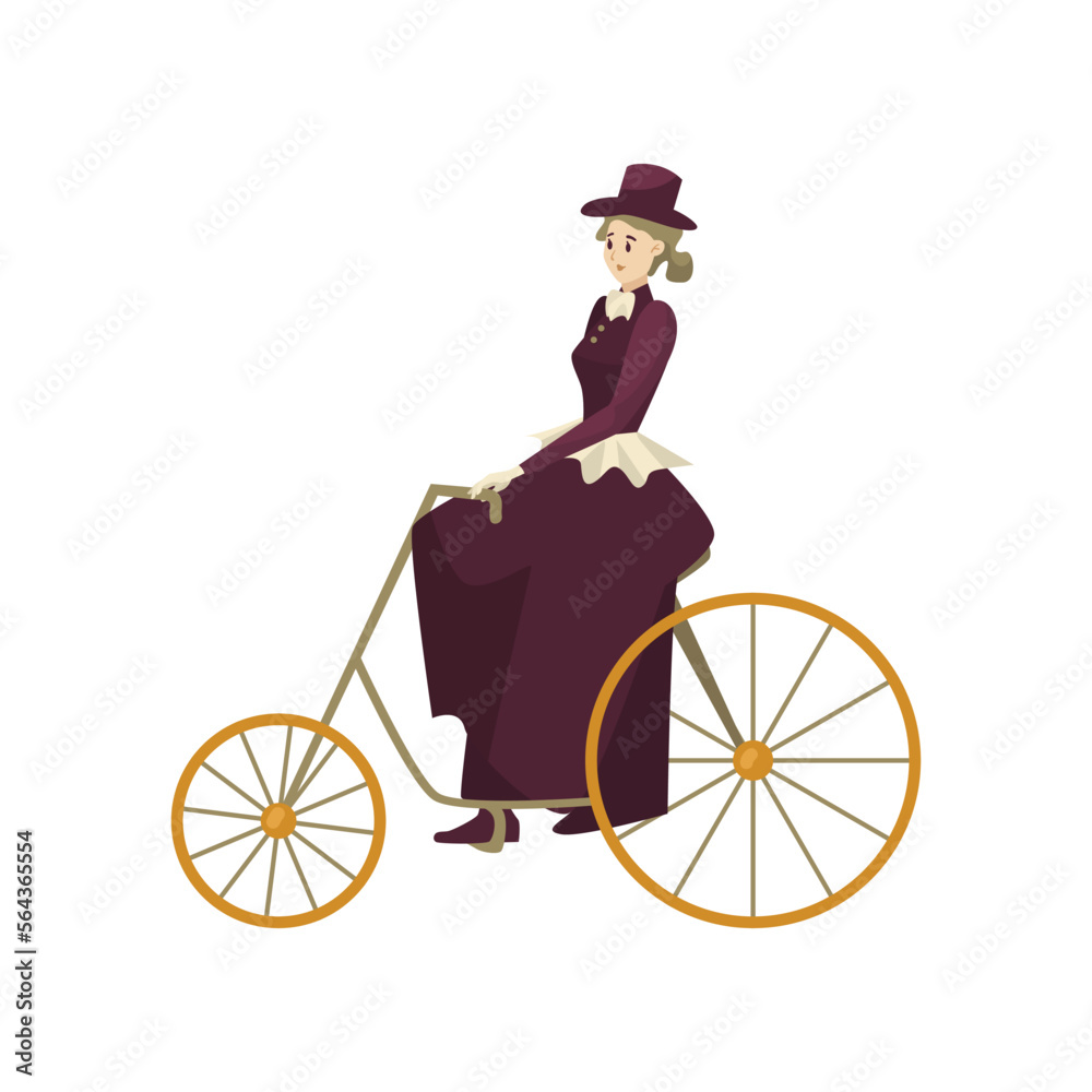 Victorian woman riding bicycle vector illustration. Cartoon female character in classic purple Victorian style costume isolated on white background. History, fashion concept Victorian woman riding bicycle vector illustration. Cartoon female character in classic purple Victorian style costume isolated on white background. History, fashion concept