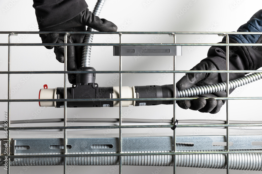 Steel Cable management basket with modular wiring, T conduit connector