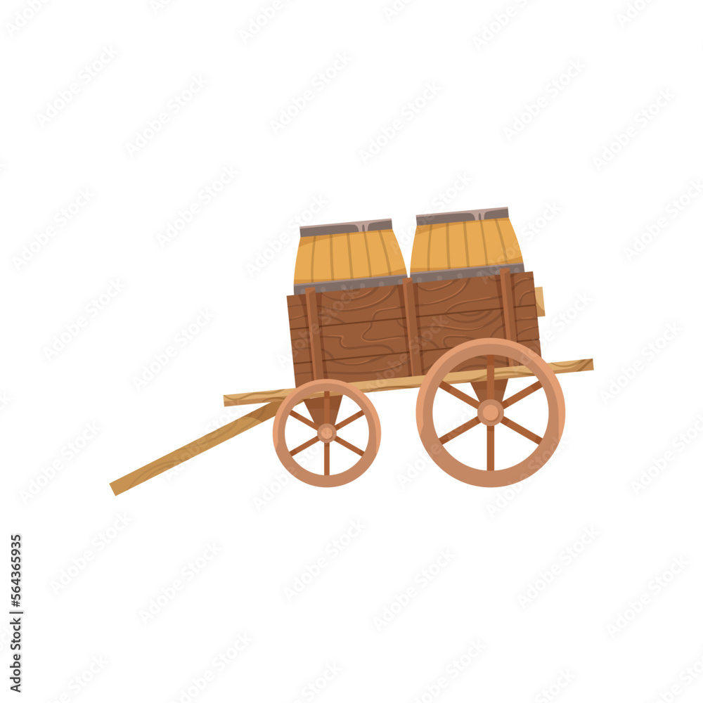 Vintage wooden wheelbarrow with barrels vector illustration. Old western farming vehicle or cart from wood with big wheels isolated on white background. Farming, transportation concept