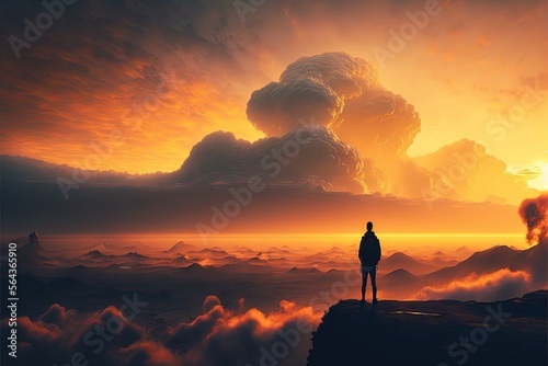 Valokuvatapetti a man standing on a cliff looking at a sunset with a huge cloud in the sky above him and a man standing on a cliff looking at the horizon