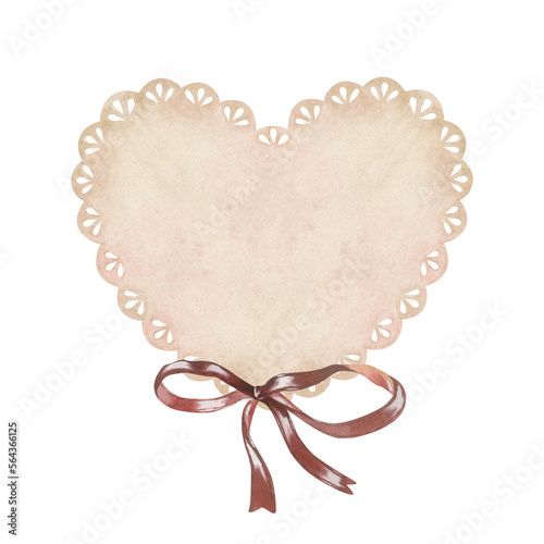 Beige lace doily in the shape of a heart with red bow. Place for inscription or text. Watercolor illustration. Isolated on a white background. For design of greeting cards, wedding invitation