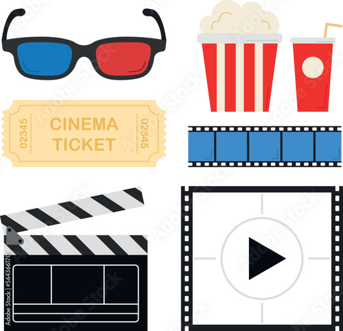 Diverse and bright cinema set, vector illustration