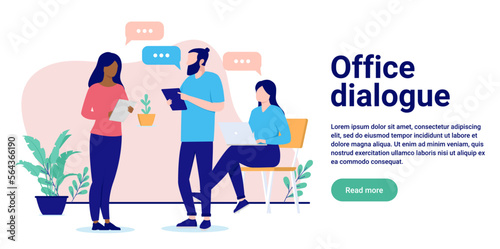 Office dialogue - Team of business people talking and having conversation with speech bubbles in workplace. Flat design vector illustration with white background and copy space for text