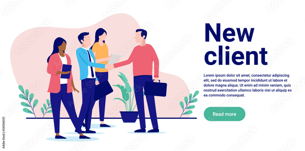 New client - Team of professional businesspeople shaking hands with man in office. Flat design vector illustration with white background and copy space for text