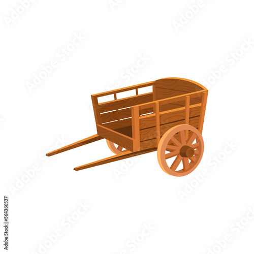 Vintage wooden cart vector illustration. Old western farming vehicle or carriage from wood with big wheels isolated on white background. Farming, transportation concept
