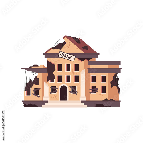 Ruined or abandoned bank after war or natural disaster. Destroyed city building cartoon illustration. Damage, destruction, earthquake concept
