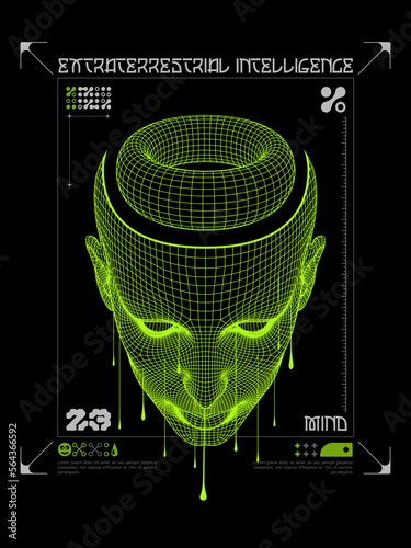 Modern posters face mask technology in the style of Techno, Rave, Electronic music and of the future virtual reality Polygons space shape with connected lines acid. Print isolated on black background photo