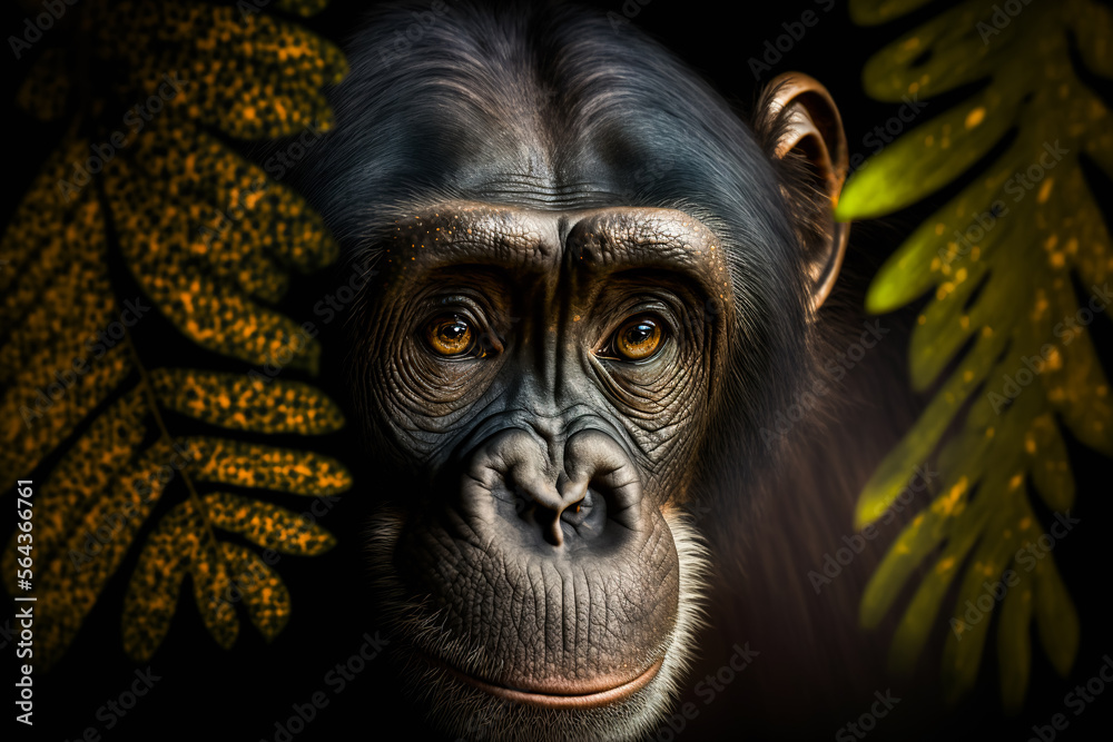 Portrait of a wild monkey, chimpanzee on a black background, generative ai Portrait of a wild monkey, chimpanzee on a black background, generative ai