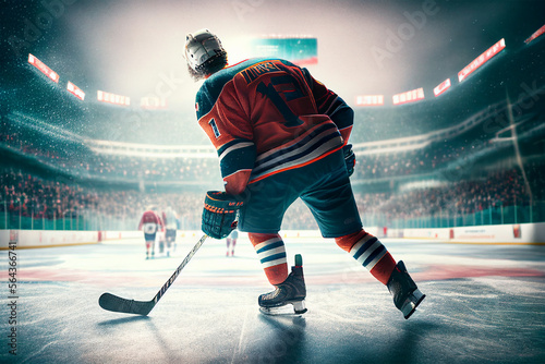 Athlete in action. Professional hockey player in the helmet and gloves on ice. Ice hockey rink arena. Sports emotions. Dramatic wide shot, cinematic lighting. Generative AI