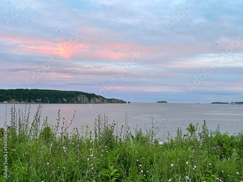 Vladivostok  a view of the Basargin Peninsula from Patroclus  Patrokl  Bay at sunset