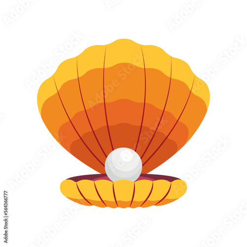 Yellow or orange seashell with pearl inside vector illustration. Open clam or scallop with beautiful pearl isolated on white background. Nature, summer, sea life concept