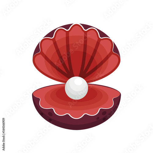 Red seashell with pearl inside vector illustration. Open clam or scallop with beautiful pearl isolated on white background. Nature  summer  sea life concept