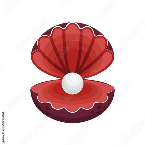 Red seashell with pearl inside vector illustration. Open clam or scallop with beautiful pearl isolated on white background. Nature, summer, sea life concept